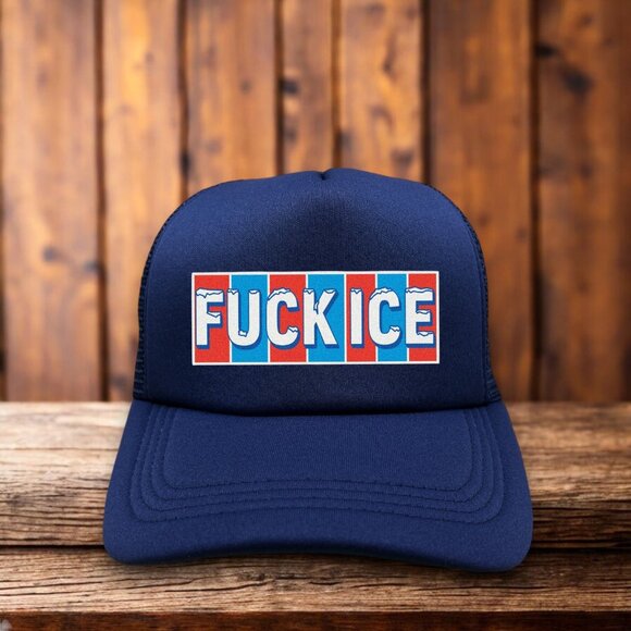 F*ck ICE Mens Trucker Hat Navy Pro Immigration Social Justice Activism Cap - Picture 1 of 4